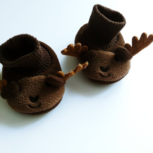 Joe Fresh Brown Fleece Moose 3D Ears and Antlers  Baby Booties 0-6 Months - Picture 6 of 10